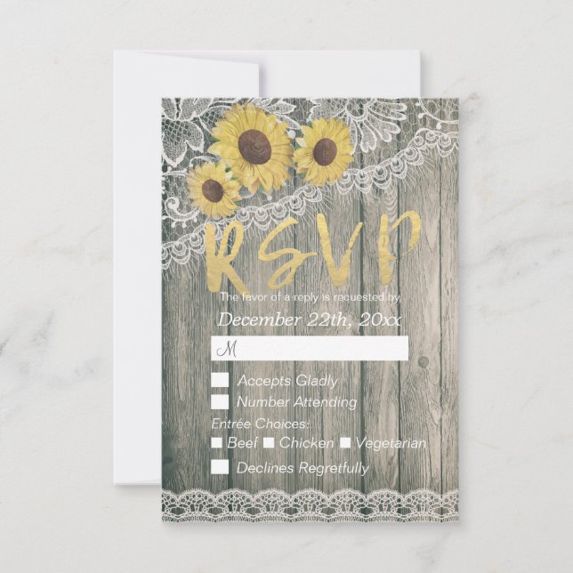 Rustic Wood Sunflowers Elegant Lace Wedding RSVP Card (Front)