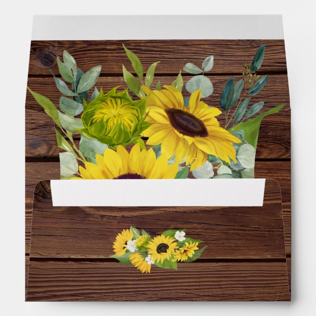 Rustic Wood Sunflowers & Eucalyptus Wedding Envelope (Back (Bottom))