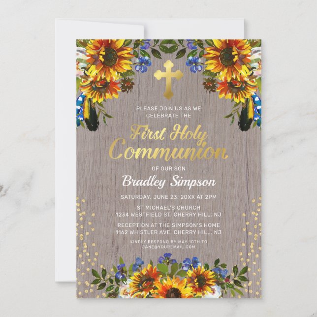 Rustic Wood Sunflowers First Holy Communion Invitation (Front)