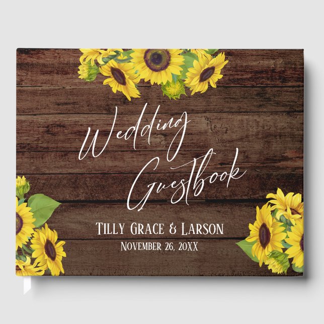 Rustic Wood Sunflowers Handwriting Guestbook (Front)