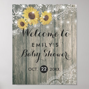 Rustic Wood Sunflowers Lace Baby Shower Welcome Poster