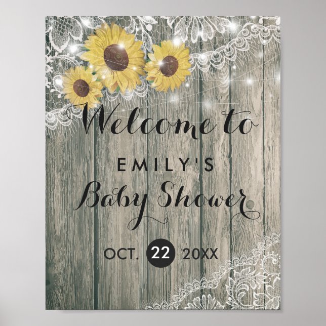 Rustic Wood Sunflowers Lace Baby Shower Welcome Poster (Front)