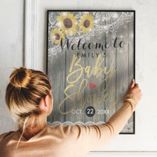 Rustic Wood Sunflowers Lace Baby Shower Welcome Poster