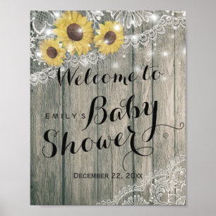 Rustic Wood Sunflowers Lace  Baby Shower Welcome Poster