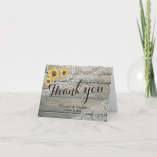 Rustic Wood Sunflowers Lace Barn Wedding Thank You Card