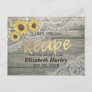 Rustic Wood Sunflowers Lace Bridal Shower Recipe Invitation Postcard