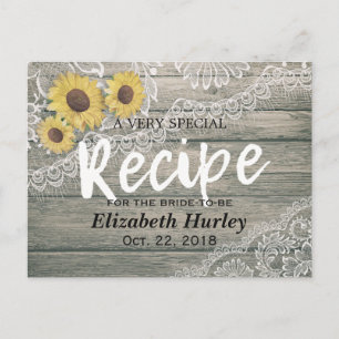 Rustic Wood Sunflowers Lace Bridal Shower Recipe Invitation Postcard