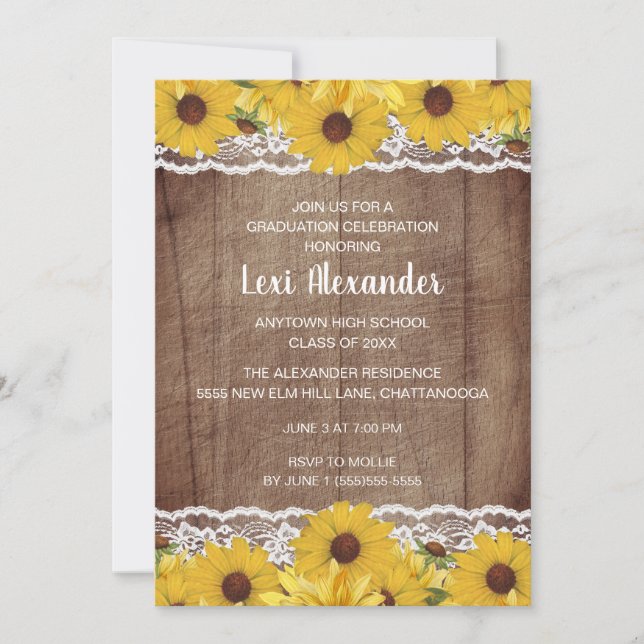 Rustic Wood Sunflowers Lace Graduation Party Invitation (Front)
