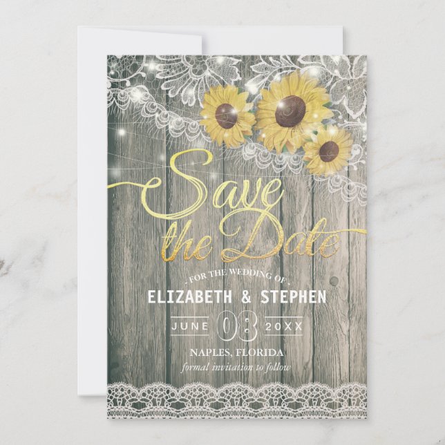 Rustic Wood Sunflowers Lace Wedding Save The Date (Front)