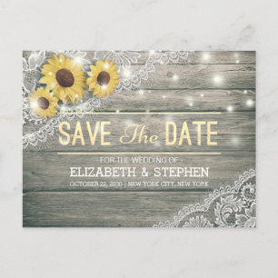 Rustic Wood Sunflowers Lace Wedding Save The Date Announcement Postcard