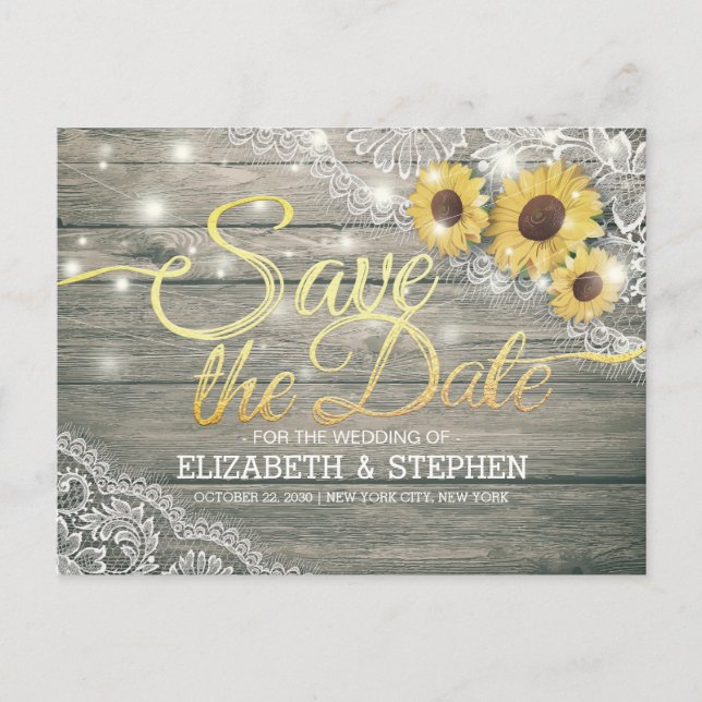 Rustic Wood Sunflowers Lace Wedding Save The Date Announcement Postcard (Front)