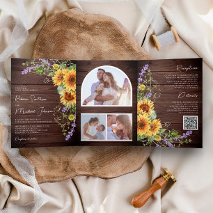 Rustic Wood Sunflowers Lavender QR Code Wedding Tri-Fold Invitation