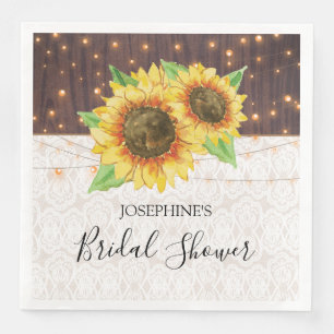 Rustic Wood Sunflowers Lights Lace Bridal Shower Napkin