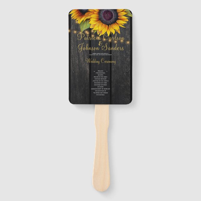 Rustic wood sunflowers lights wedding ceremony hand fan (Front)