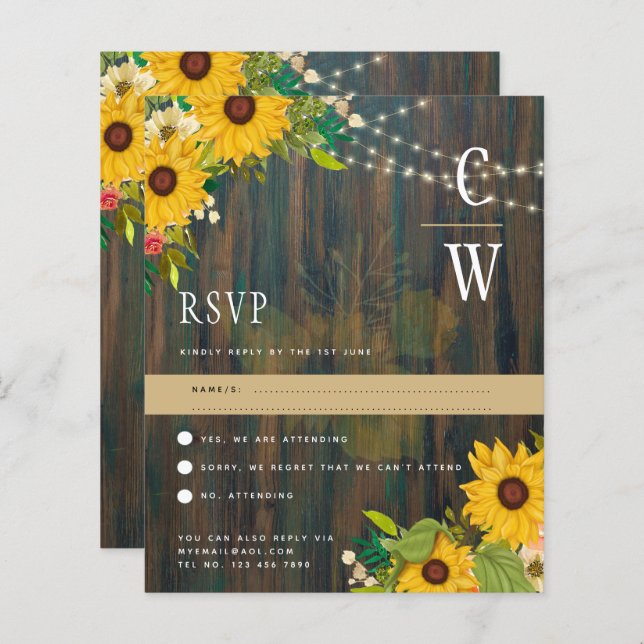 Rustic Wood Sunflowers Lights Wedding RSVP (Front/Back)