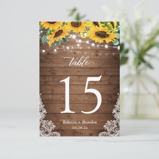 Rustic Wood Sunflowers Lights Wedding Table Number (Standing Front)