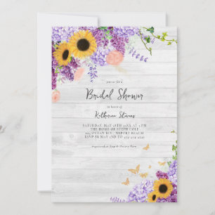 Rustic Wood Sunflowers Lilac Floral Bridal Shower Invitation