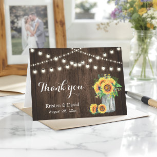 Rustic Wood Sunflowers Mason Jar Lights Thank You Card