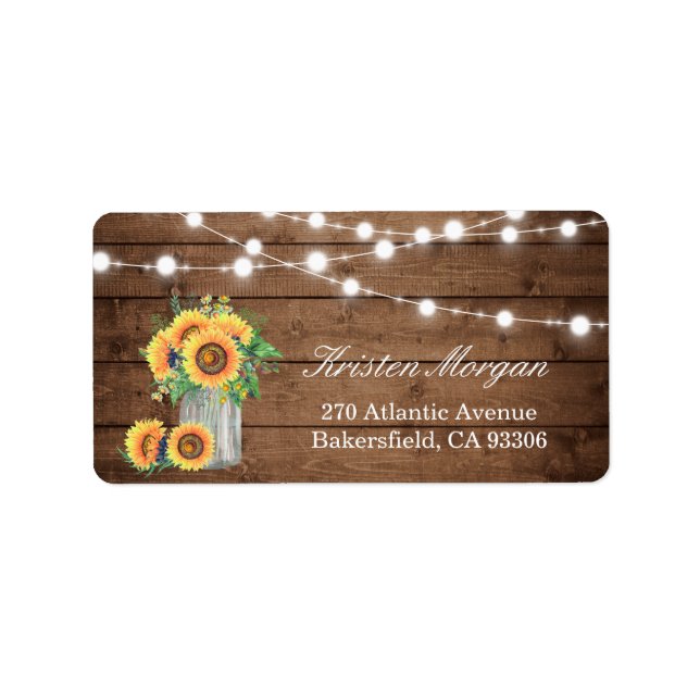 Rustic Wood Sunflowers Mason Jar Lights Wedding Label (Front)