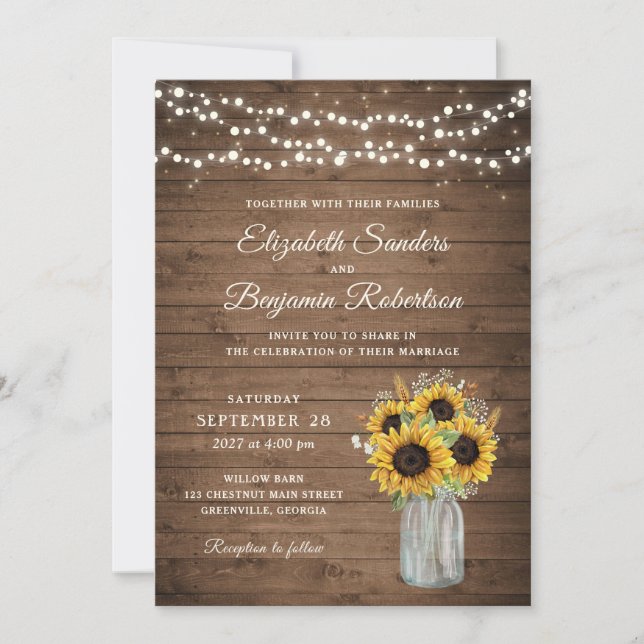 Rustic Wood Sunflowers Mason Jar Wedding Invitation (Front)
