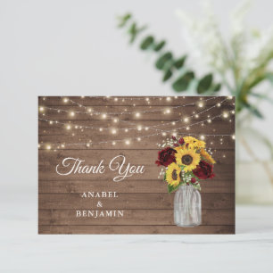 Rustic Wood Sunflowers Mason Jar Wedding Thank You Card