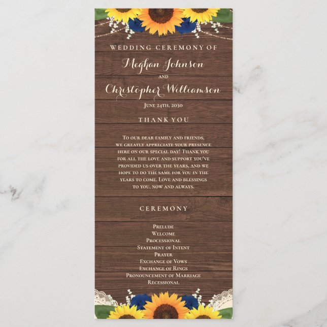Rustic Wood Sunflowers Navy Blue Roses Wedding Programme (Front)