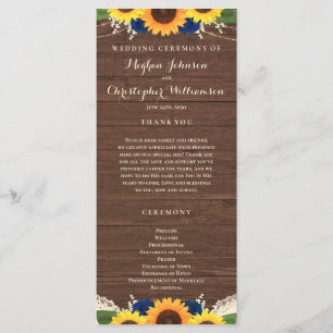 Rustic Wood Sunflowers Navy Blue Roses Wedding Programme