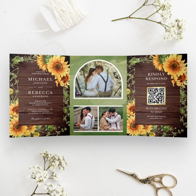 Rustic Wood Sunflowers Photo Arch QR Code Wedding Tri-Fold Invitation (Creator Uploaded)