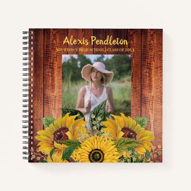 Rustic Wood Sunflowers Photo High School College Notebook (Front)