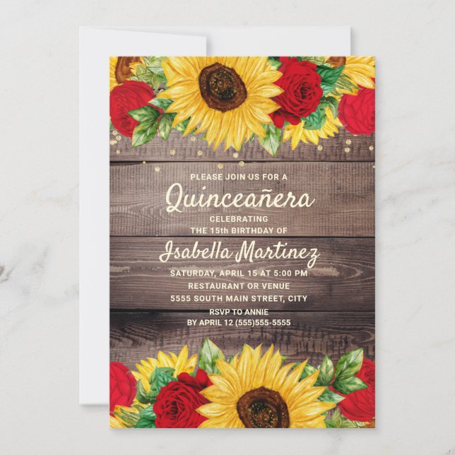 Rustic Wood Sunflowers Red Roses Quinceañera  Invitation (Front)