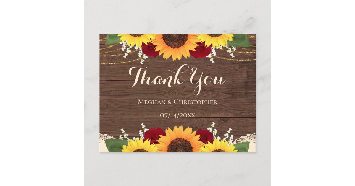 Rustic Wood Sunflowers Red Roses Wedding Thank You Postcard | Zazzle