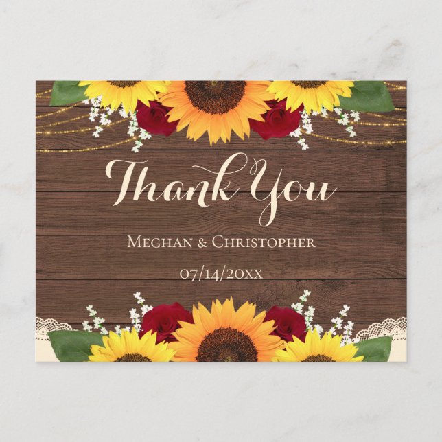 Rustic Wood Sunflowers Red Roses Wedding Thank You Postcard (Front)