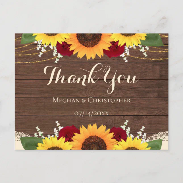 Rustic Wood Sunflowers Red Roses Wedding Thank You Postcard | Zazzle