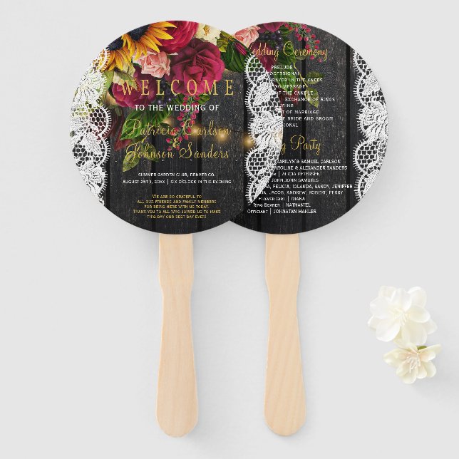 Rustic wood sunflowers roses lace wedding ceremony hand fan (Front and Back)