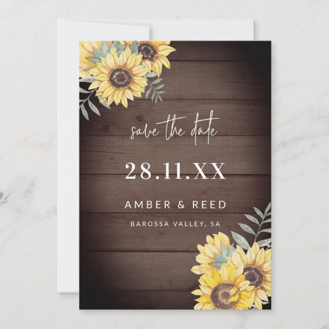 Rustic Wood Sunflowers Save The Date (Front)