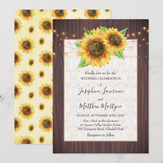 Rustic Wood Sunflowers String Lights Lace Wedding Invitation (Front/Back)