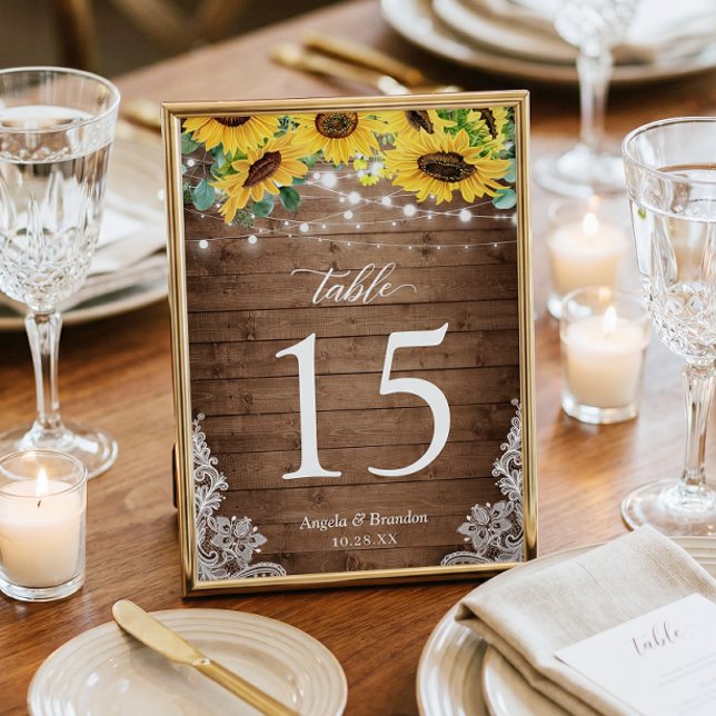 Rustic Wood Sunflowers String Lights Lace Wedding Table Number (Creator Uploaded)