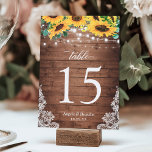 Rustic Wood Sunflowers String Lights Lace Wedding Table Number<br><div class="desc">Rustic Wood Sunflowers String Lights Lace Wedding Table Number Card. (1) Please customise this template one by one (e.g, from number 1 to xx) , and add each number card separately to your cart. (2) For further customisation, please click the "customise further" link and use our design tool to modify...</div>