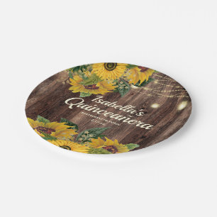 Rustic Wood Sunflowers String Lights Quinceañera Paper Plate