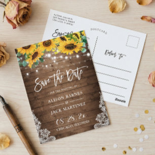 Rustic Wood Sunflowers String Lights Save the Date Postcard