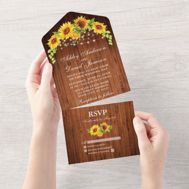 Rustic Wood Sunflowers String Lights Wedding All In One Invitation (Tearaway)