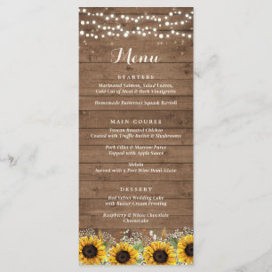 Rustic Wood Sunflowers String Lights Wedding Menu