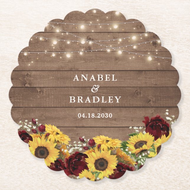 Rustic Wood Sunflowers String Lights Wedding Paper Coaster (Front)