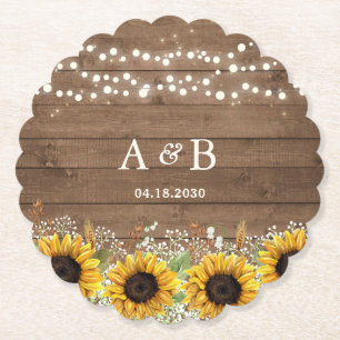 Rustic Wood Sunflowers String Lights Wedding Paper Coaster