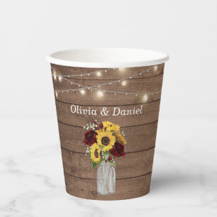 Rustic Wood Sunflowers String Lights Wedding Paper Cups