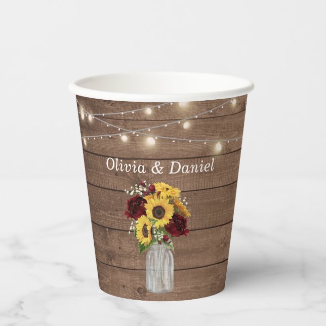 Rustic Wood Sunflowers String Lights Wedding Paper Cups (Front)