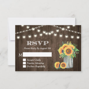 Rustic Wood Sunflowers String Lights Wedding RSVP Card