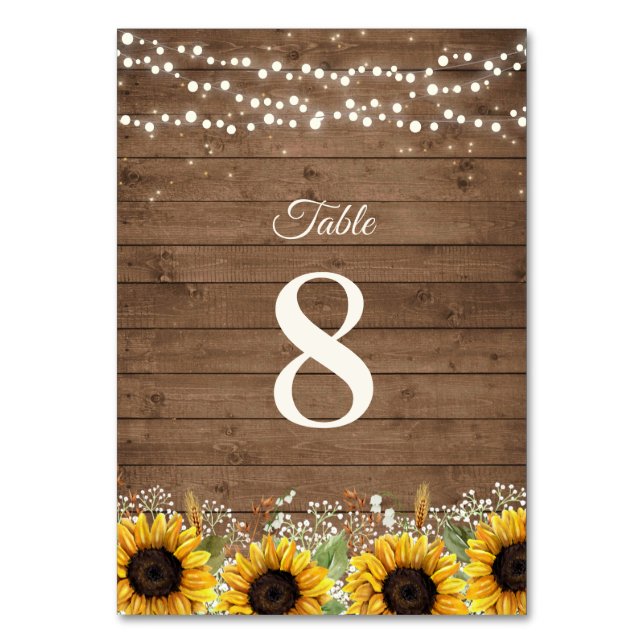 Rustic Wood Sunflowers String Lights Wedding Table Number (Front)