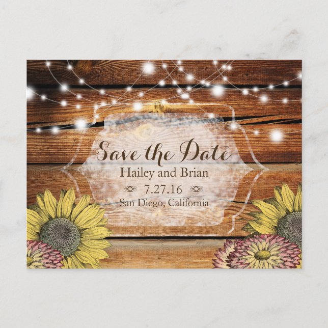 Rustic Wood, Sunflowers ,Typography Save the Date Announcement Postcard (Front)