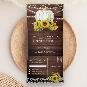 Rustic Wood Sunflowers White Pumpkin Fall Wedding Tri-Fold Invitation